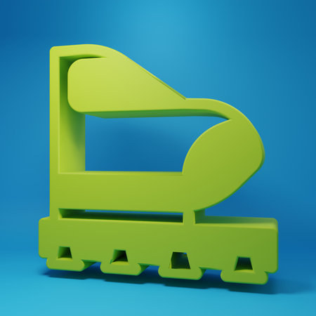 Green High-speed train icon isolated on blue background. Railroad travel and railway tourism. Subway or metro streamlined fast train transport. Minimalism concept. 3D render illustration.の写真素材