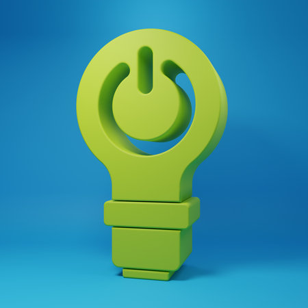 Green Light bulb with lightning symbol icon isolated on blue background. Light lamp sign. Idea symbol. Minimalism concept. 3D render illustration.の写真素材