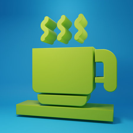 Green Hot chocolate cup with marshmallows icon isolated on blue background. Merry Christmas and Happy New Year. Minimalism concept. 3D render illustration.の写真素材