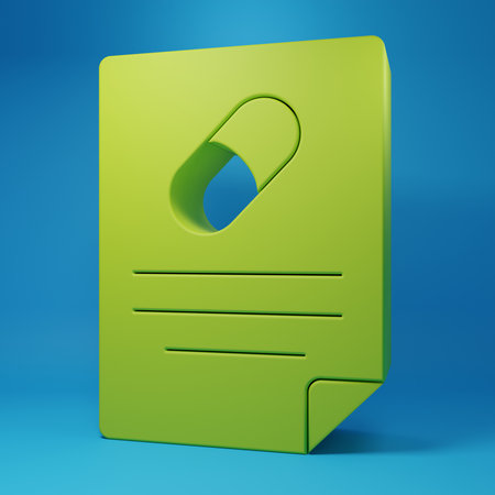 Green Medical prescription icon isolated on blue background. Rx form. Recipe medical. Pharmacy or medicine symbol. Minimalism concept. 3D render illustration.の写真素材