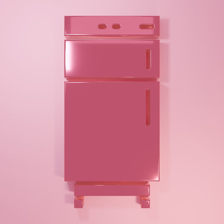 Pink Refrigerator icon isolated on pink background. Fridge freezer refrigerator. Household tech and appliances. Minimalism concept. 3D render illustration.の写真素材