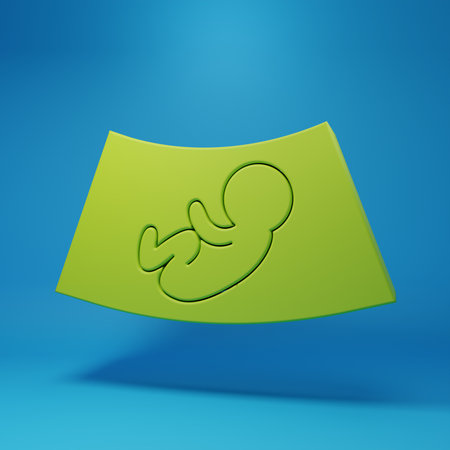 Green Ultrasound of baby icon isolated on blue background. Fetus. Minimalism concept. 3D render illustration.の写真素材