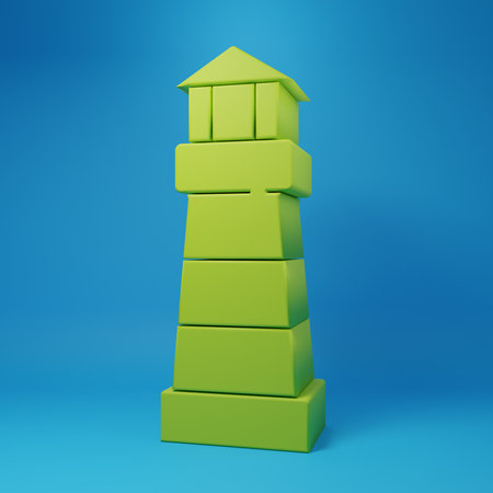 Green Lighthouse icon isolated on blue background. Minimalism concept. 3D render illustration.の写真素材