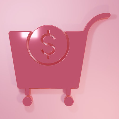 Pink Shopping cart and dollar symbol icon isolated on pink background. Online buying concept. Delivery service. Supermarket basket. Minimalism concept. 3D render illustration.の写真素材