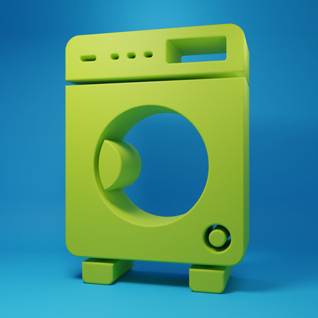 Green Washer icon isolated on blue background. Washing machine icon. Clothes washer - laundry machine. Home appliance symbol. Minimalism concept. 3D render illustration.の写真素材