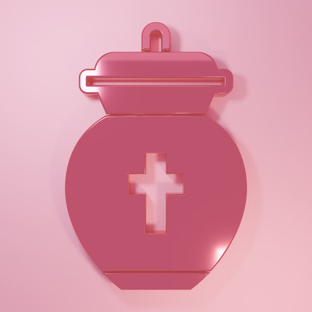 Pink Funeral urn icon isolated on pink background. Cremation and burial containers, columbarium vases, jars and pots with ashes. Minimalism concept. 3D render illustration.の写真素材