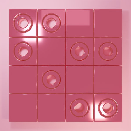 Pink Board game of checkers icon isolated on pink background. Ancient Intellectual board game. White and black chips. Minimalism concept. 3D render illustration.の写真素材