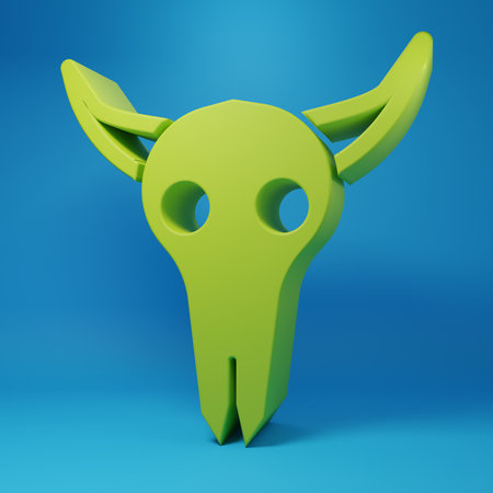 Green Buffalo skull icon isolated on blue background. Minimalism concept. 3D render illustration.の写真素材