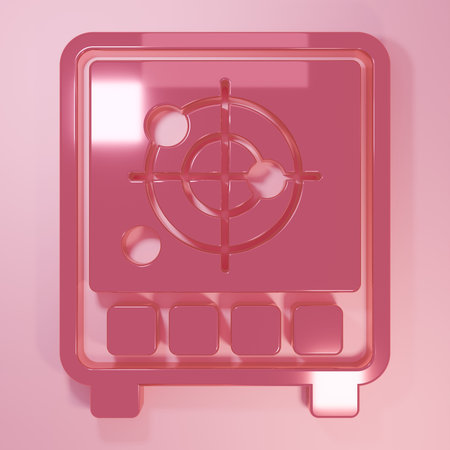 Pink Radar with targets on monitor in searching icon isolated on pink background. Search system. Navy sonar. Minimalism concept. 3D render illustration.の写真素材