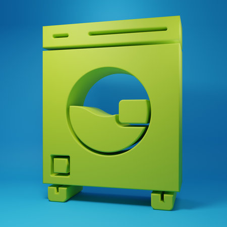 Green Washer icon isolated on blue background. Washing machine icon. Clothes washer - laundry machine. Home appliance symbol. Minimalism concept. 3D render illustration.の写真素材