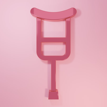 Pink Crutch or crutches icon isolated on pink background. Equipment for rehabilitation of people with diseases of musculoskeletal system. Minimalism concept. 3D render illustration.の写真素材