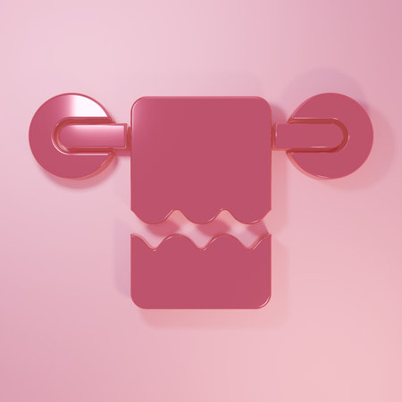 Pink Towel on a hanger icon isolated on pink background. Minimalism concept. 3D render illustration.の写真素材
