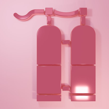 Pink icon isolated on pink background. Oxygen tank for diver. Diving equipment. Extreme sport. Sport equipment. Minimalism concept. 3D render illustration.の写真素材