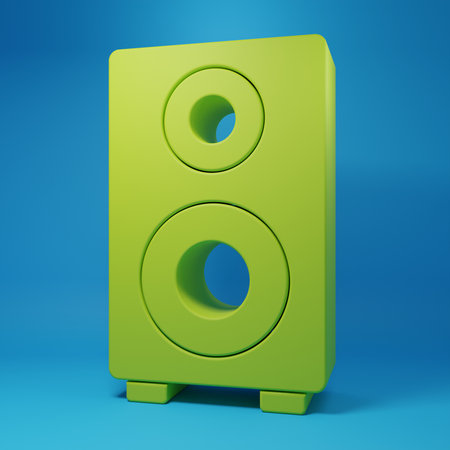 Green Stereo speaker icon isolated on blue background. Sound system speakers. Music icon. Musical column speaker bass equipment. Minimalism concept. 3D render illustration.の写真素材