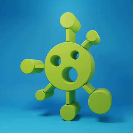 Green Molecule icon isolated on blue background. Structure of molecules in chemistry, science teachers innovative educational poster. Minimalism concept. 3D render illustration.の写真素材