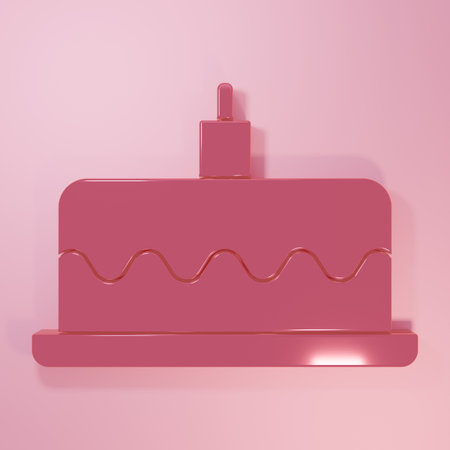 Pink Cake with burning candles icon isolated on pink background. Happy Birthday. Minimalism concept. 3D render illustration.の写真素材