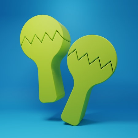 Green Maracas icon isolated on blue background. Music maracas instrument mexico. Minimalism concept. 3D render illustration.の写真素材