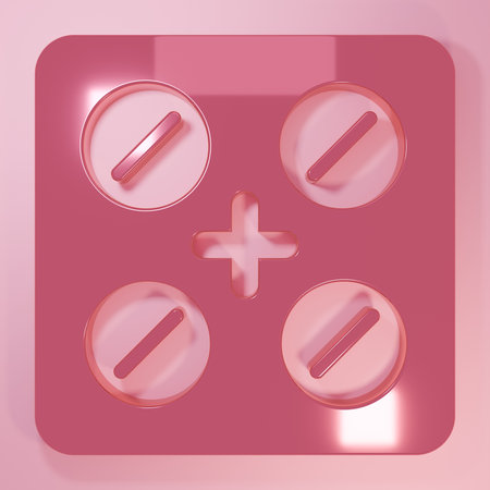 Pink Pills in blister pack icon isolated on pink background. Medical drug package for tablet, vitamin, antibiotic, aspirin. Minimalism concept. 3D render illustration.の写真素材