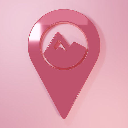 Pink Map pointer with mountain icon isolated on pink background. Mountains travel icon. Minimalism...