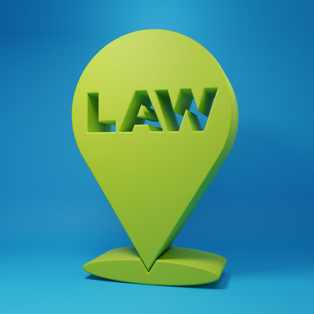 Green Location law icon isolated on blue background. Minimalism concept. 3D render illustration.の写真素材