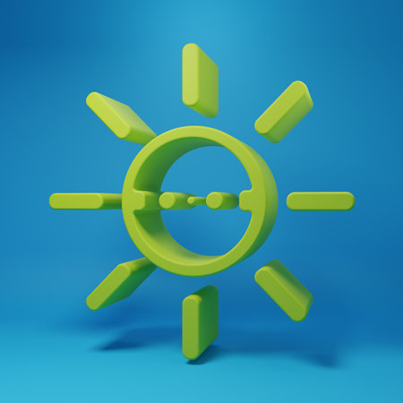 Green Solar energy panel icon isolated on blue background. Sun with lightning symbol. Minimalism concept. 3D render illustration.の写真素材