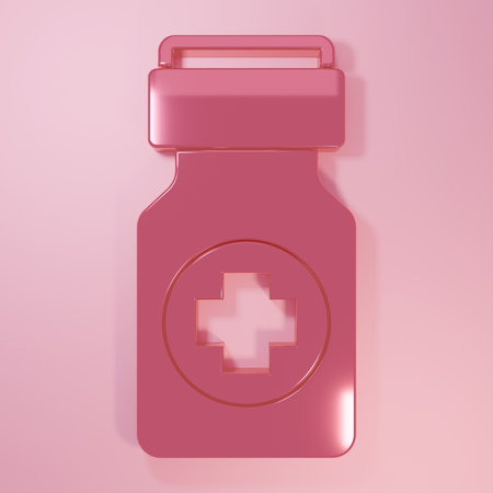 Pink Medicine bottle and pills icon isolated on pink background. Bottle pill sign. Pharmacy design. Minimalism concept. 3D render illustration.の写真素材