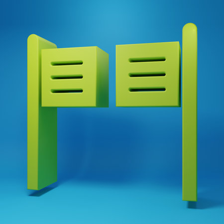 Green swinging saloon door icon isolated on blue background. Minimalism concept. 3D render illustration.の写真素材