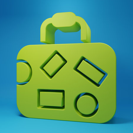 Green Suitcase for travel icon isolated on blue background. Traveling baggage sign. Travel luggage icon. Minimalism concept. 3D render illustration.の写真素材
