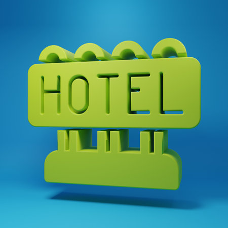 Green Signboard outdoor advertising with text Hotel icon isolated on blue background. Minimalism concept. 3D render illustration.の写真素材