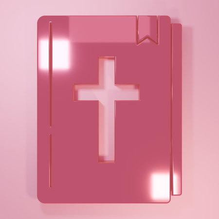 Pink Holy bible book icon isolated on pink background. Minimalism concept. 3D render illustration.の写真素材