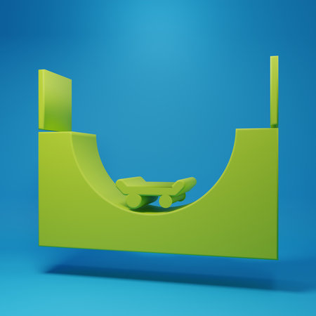 Green Skate park icon isolated on blue background. Set of ramp, roller, stairs for a skatepark. Extreme sport. Minimalism concept. 3D render illustration.の写真素材