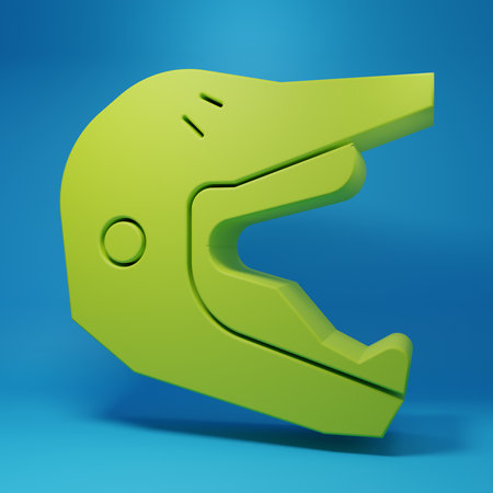 Green Motocross motorcycle helmet icon isolated on blue background. Minimalism concept. 3D render illustration.の写真素材