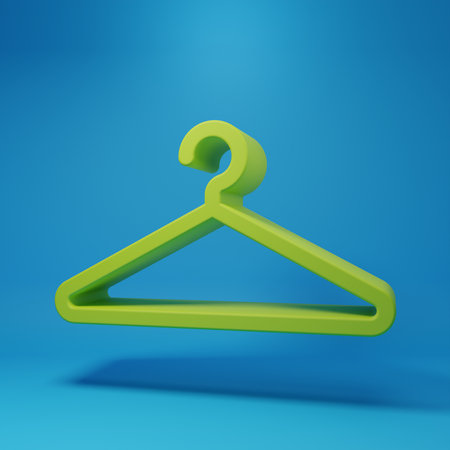 Green Hanger wardrobe icon isolated on blue background. Cloakroom icon. Clothes service symbol. Laundry hanger sign. Minimalism concept. 3D render illustration.の写真素材