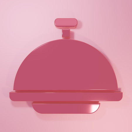 Pink Covered with a tray of food icon isolated on pink background. Tray and lid sign. Restaurant cloche with lid. Minimalism concept. 3D render illustration.の写真素材