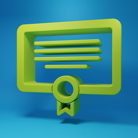 Green Certificate template icon isolated on blue background. Achievement, award, degree, grant, diploma. Business success certificate. Minimalism concept. 3D render illustration.の写真素材