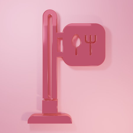 Pink Cafe and restaurant location icon isolated on pink background. Fork and spoon eatery sign inside pinpoint. Minimalism concept. 3D render illustration..の写真素材