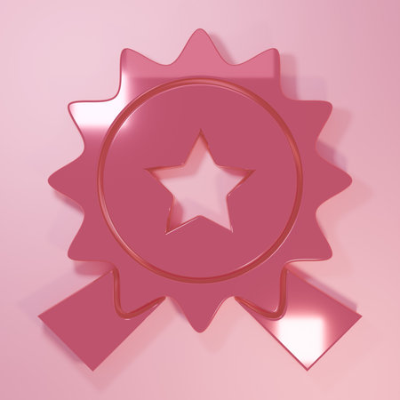 Pink Medal with star icon isolated on pink background. Winner achievement sign. Award medal. Minimalism concept. 3D render illustration.の写真素材