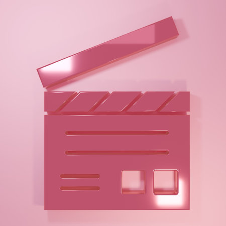 Pink Movie clapper icon isolated on pink background. Film clapper board. Clapperboard sign. Cinema production or media industry. Minimalism concept. 3D render illustration.の写真素材