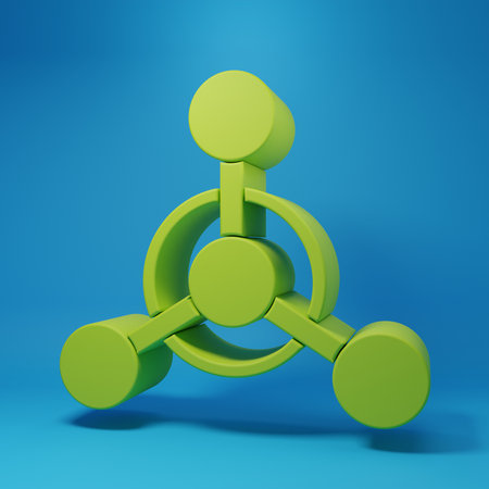 Green Molecule icon isolated on blue background. Structure of molecules in chemistry, science teachers innovative educational poster. Minimalism concept. 3D render illustration.の写真素材