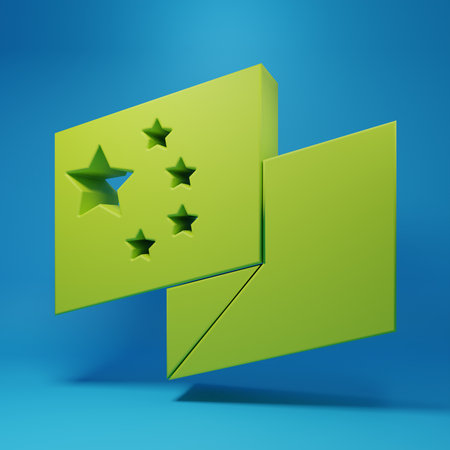 Green China flag icon isolated on blue background. Minimalism concept. 3D render illustration.の写真素材