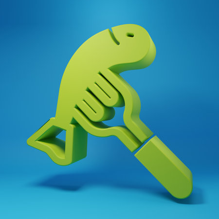 Green fish on a fork icon isolated on blue background. Minimalism concept. 3D render illustration.の写真素材