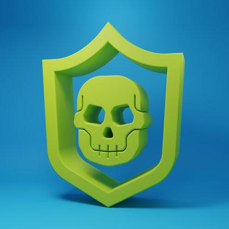 Green Shield with skull icon isolated on blue background. Minimalism concept. 3D render illustration.の写真素材