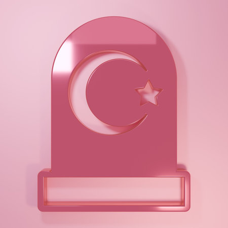 Pink Muslim cemetery icon isolated on pink background. Islamic gravestone. Minimalism concept. 3D render illustration.の写真素材