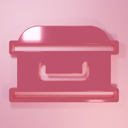 Pink Coffin with Christian cross icon isolated on pink background. Halloween party. Minimalism concept. 3D render illustration.の写真素材