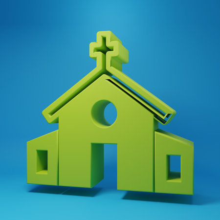 Green Church building icon isolated on blue background. Christian Church. Religion of church. Minimalism concept. 3D render illustration.の写真素材
