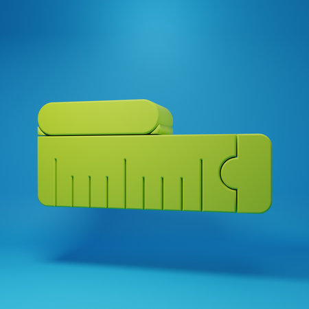Green Tape measure icon isolated on blue background. Measuring tape. Minimalism concept. 3D render illustration.の写真素材
