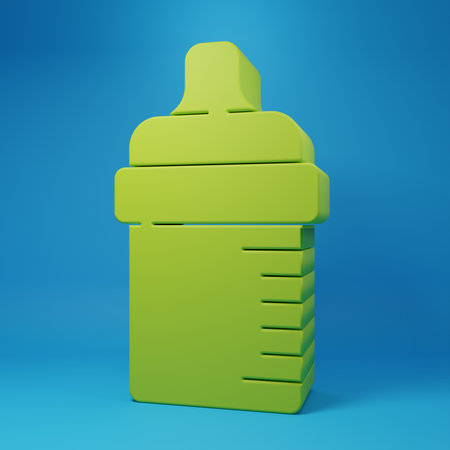 Green Baby bottle icon isolated on blue background. Feeding bottle icon. Milk bottle sign. Minimalism concept. 3D render illustration.の写真素材