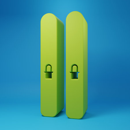 Green Ski and sticks icon isolated on blue background. Extreme sport. Skiing equipment. Winter...