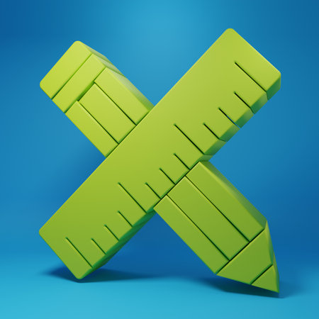 Green Crossed ruler and pencil icon isolated on blue background. Straightedge symbol. Drawing and educational tools. Minimalism concept. 3D render illustration.の写真素材