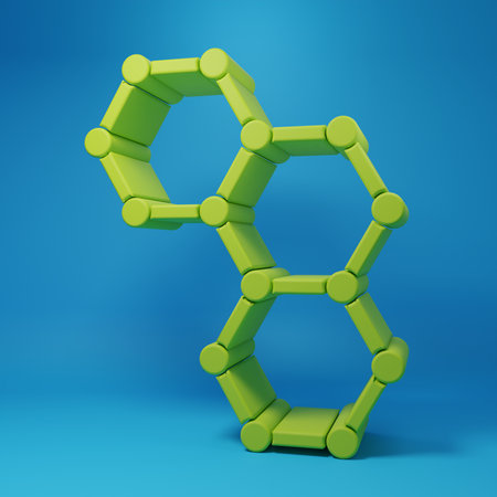 Green Chemical formula icon isolated on blue background. Abstract hexagon for innovation medicine, health, research and science. Minimalism concept. 3D render illustration.の写真素材
